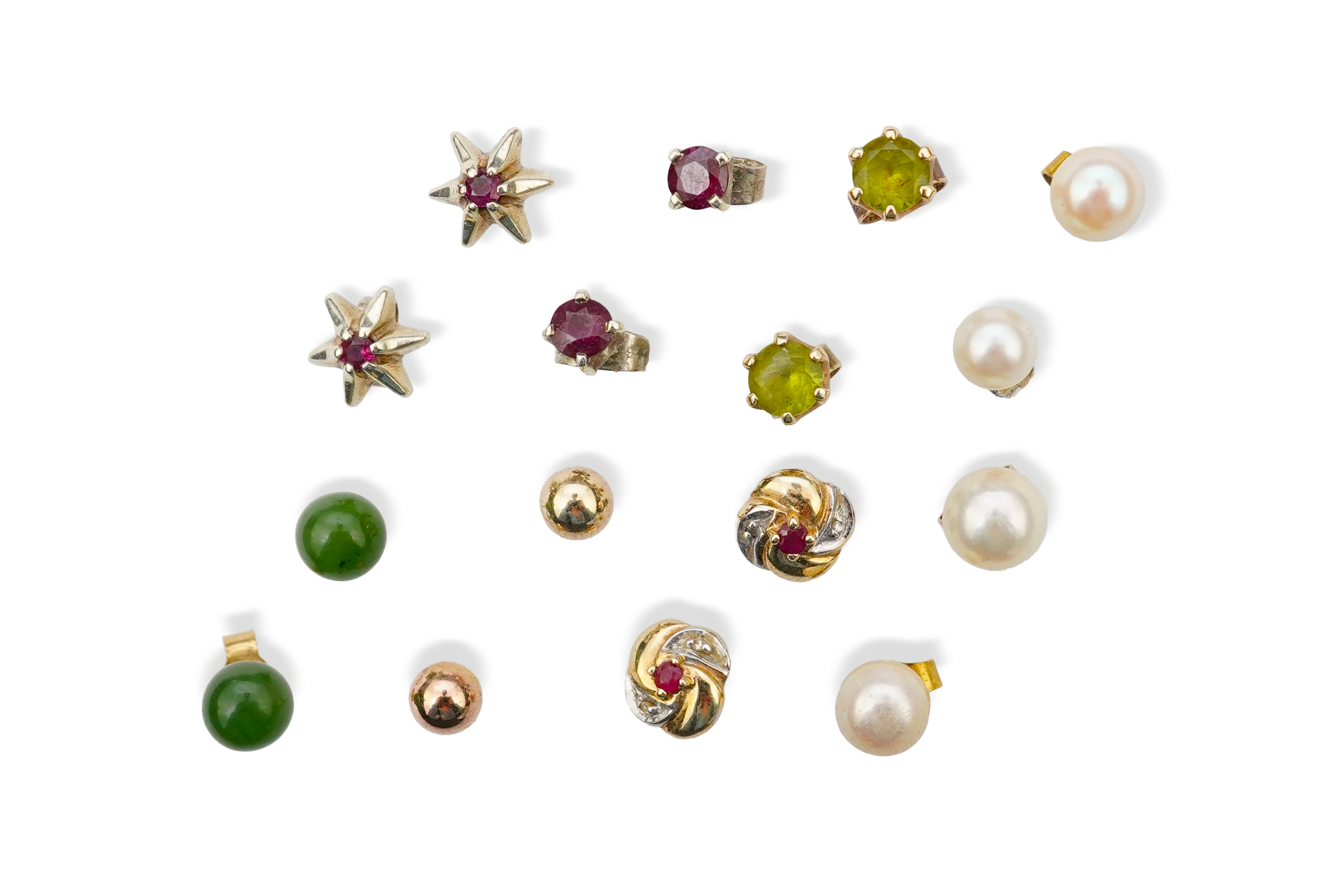 Four assorted pairs of 9ct and gem set ear studs including peridot and cultured pearl, together with three other assorted pairs yellow or white metal ear studs and two odd ear studs.